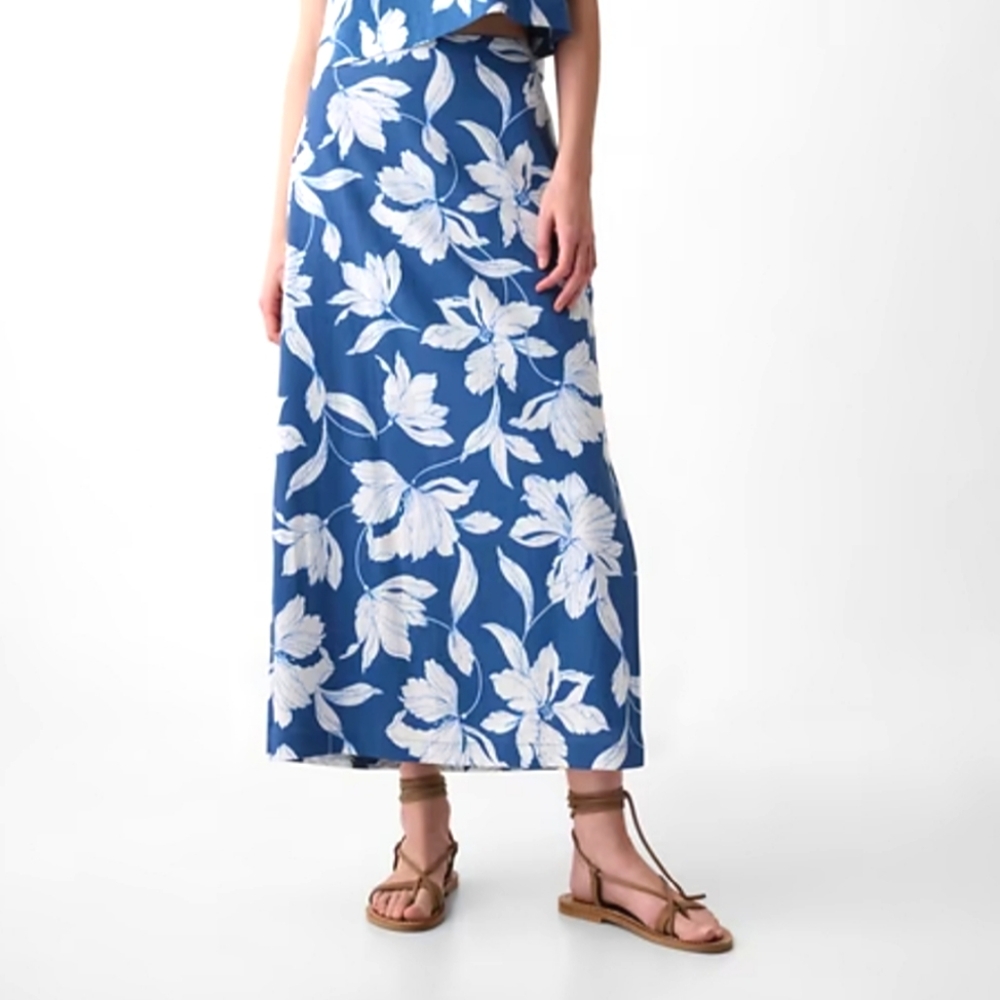GAP Women Blue White Floral Skirt Linen Blend Maxi Skirt Slit X Small